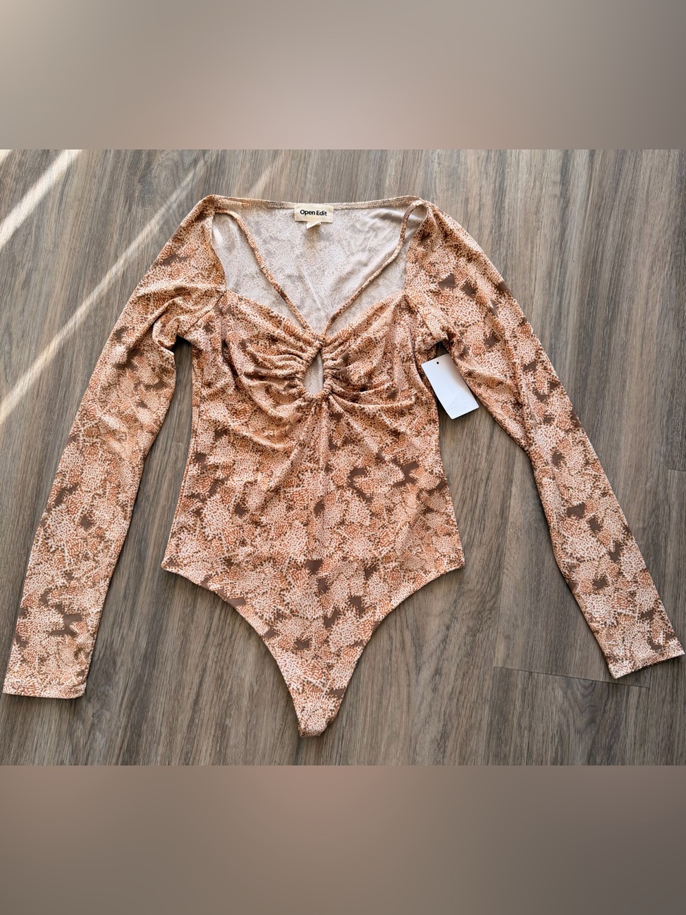 Open Edit Brown Printed Twist-Front Long Sleeve Bodysuit